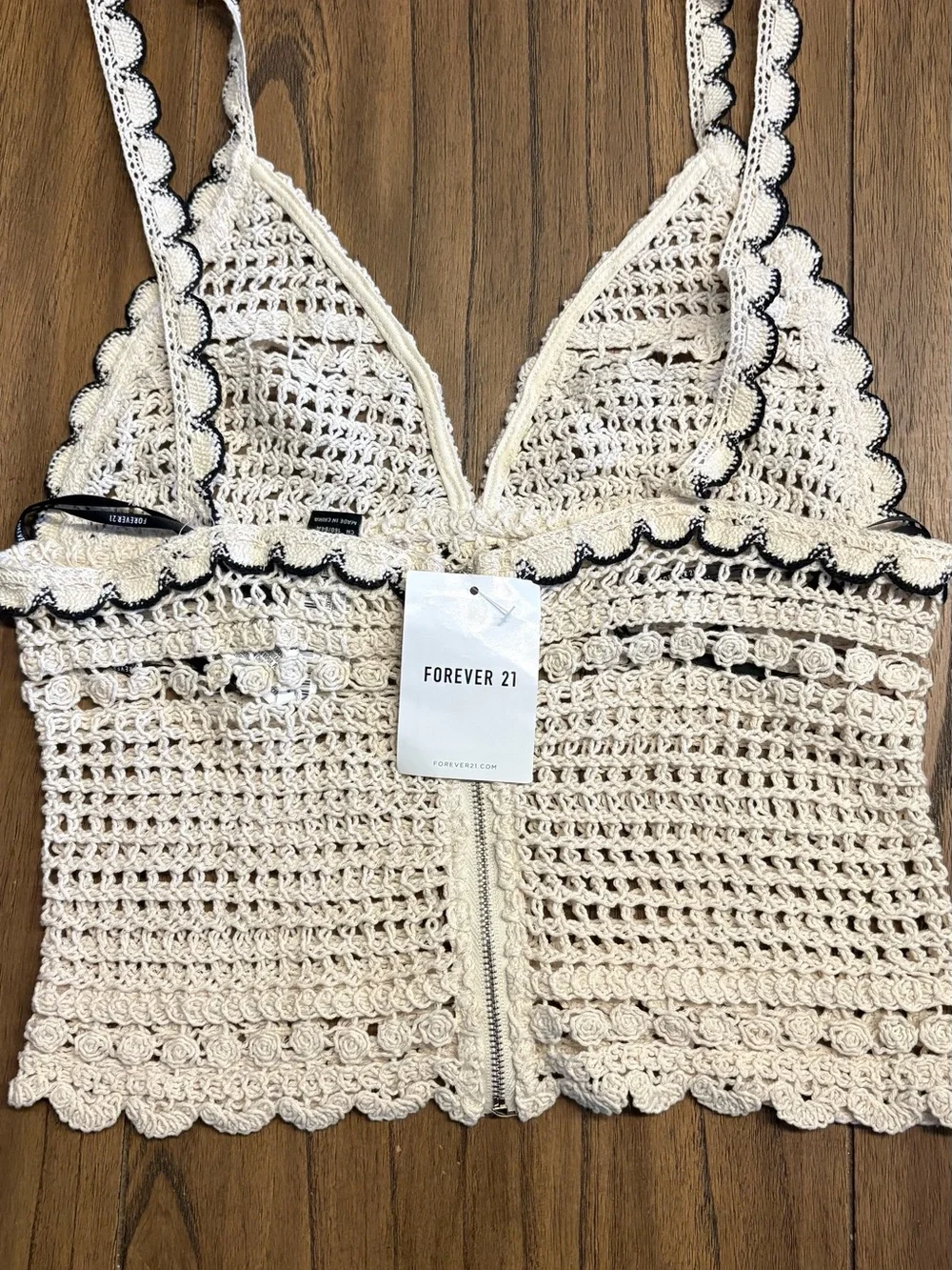 Women’s Crochet Tank Top - Cream with Black Trim - Picture 3 of 3